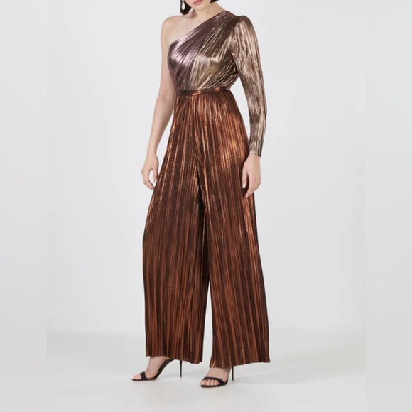 BCBGMaxAzriaMWX7D39 Metallic Pleated Jumpsuit Dresses in Copper Comb NWT